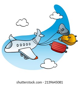 A cartoon airplane and ties luggage is flying in the sky  Color vector illustration  Humorous drawing by hand 