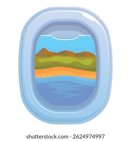 Cartoon airplane window looking out over a tropical island and the ocean