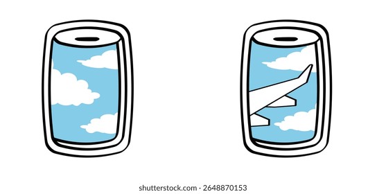 Cartoon airplane window. Passengers in air plane. Aeroplane windows. Inside passenger plane. Views outside aircraft window. Views outside aeroplane window, sky view through porthole in air plane
