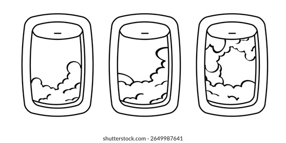 Cartoon airplane window. Passengers in air plane. Aeroplane icon. Inside passenger plane. Views outside aircraft window. Aeroplane window with clouds and sun, sky view through porthole in air plane