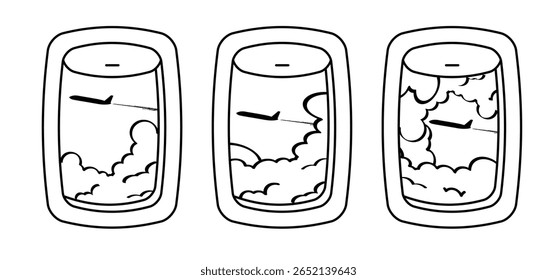 Cartoon airplane window. Passengers in air plane. Aeroplane icon. Inside passenger plane. Views outside aircraft window. Aeroplane window with clouds and sun, sky view through porthole in air plane
