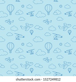 Cartoon airplanes, aerostat ballon and helicopters flying in the sky. Pattern Seamless, outline design in blue. Kids stuff. Children's style drawing.