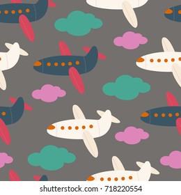 Cartoon airplanes and clouds. Funny seamless pattern. Vector illustration in bright colors.