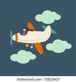 Cartoon airplanes and clouds. Young beautiful woman as a pilot. Vector illustration in bright colors.