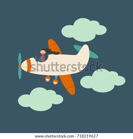 Cartoon airplanes and clouds. Young beautiful woman as a pilot. Vector illustration in bright colors.