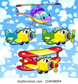 Cartoon airplanes and helicopter in the sky. Funny vector illustration.