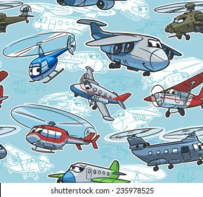 cartoon airplanes and helicopters seamless pattern