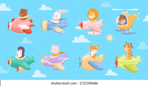 Cartoon airplanes. Kids animals flying in avia transport plane and helicopters vector childrens collection