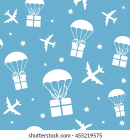 Cartoon airplanes and parachutes with gift boxes. Vector seamless texture can be used for wallpaper, pattern fills, web page, background, surface.