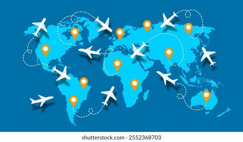 cartoon of airplanes travel routes on a world map. world travel map with aircraft. tourism and travel design concept.vector illustration