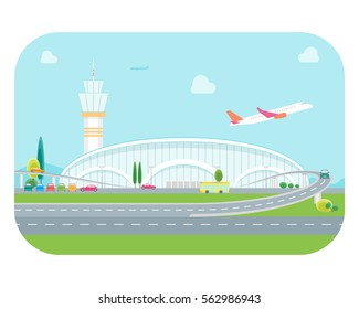 Cartoon Airport Building And Plane On A Landscape Background Flat Design Style. Vector Illustration