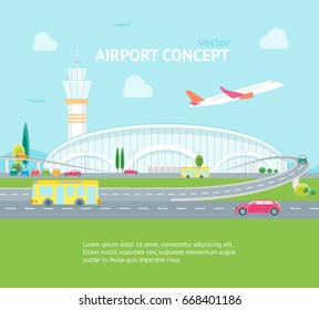 Cartoon Airport Building and Plane on a Landscape Background Concept Banner Card Flat Design Style. Vector illustration