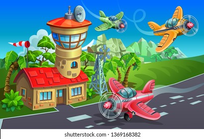 Cartoon airport with colorful airplanes. Control tower and runway. Vector illustration.
