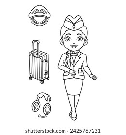 Cartoon airport and objects collection line art