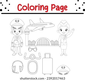 página de color de dibujos animados de objetos aeroportuarios
