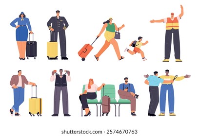 Cartoon airport staff characters. Funny employees and passengers, flight attendants and pilots in uniform, people with luggage, vector set