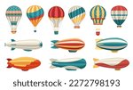 Cartoon airship. Dirigible hot air balloon transport with cabin and basket, old aerial transportation, colorful aircraft aviation icons. Vector set of airship dirigible and balloon illustration