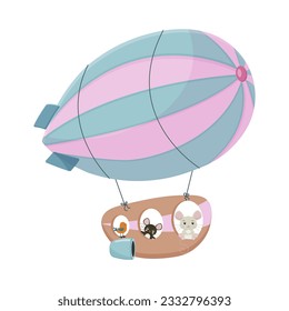 Cartoon airship, hot air balloon with toy pets, mouse and bird. Adventure flight, trip, travel, journey, voyage. Creative flying transport, aircraft. Vector illustration, isolated on white background