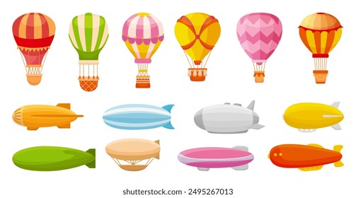 Cartoon airship. Hot air balloons and dirigible. Vintage sky adventures transport, tourist sightseeing and entertainments. Aerostat neoteric vector elements