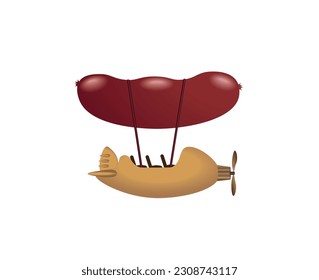 Cartoon airship with an inflatable sausage-shaped balloon and a propeller on a gondola. Vector illustration