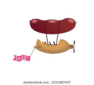 Cartoon airship with an inflatable sausage-shaped balloon and a propeller on a gondola and a hanging banner with the inscription SALE. Vector illustration	