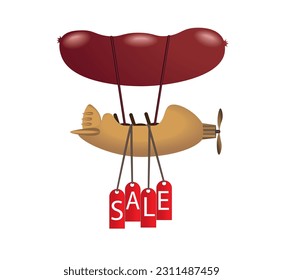 Cartoon airship with an inflatable sausage-shaped balloon and a propeller on a gondola and a hanging banner with the inscription SALE. Vector illustration	