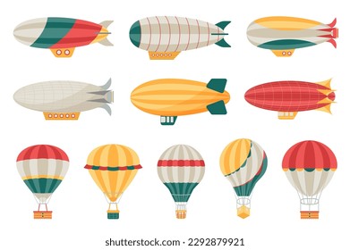 Cartoon airship mega set elements in flat design. Bundle of different types and colors hot air balloons and dirigibles. Vintage aerial transportation. Vector illustration isolated graphic objects