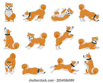 Cartoon akita dog daily routine, puppy pet walking, sleeping and howling. Domestic pet tricks, cute akita animal actions vector illustration set. Adorable akita breed dog. Akita breed puppy cute