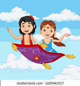 Cartoon aladdin and jasmine travelling on flying carpet