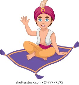 Cartoon Aladdin reist auf fliegendem Teppich