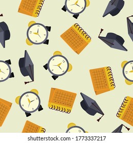 Cartoon Alarm Clock, Calendar, Graduation Cap. Seamless Vector Pattern Design Background