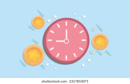 Cartoon Alarm Clock and Coins. Time is money concept. Tax time reminder. Business investments, earnings and financial savings. Fast money.