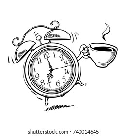 Cartoon alarm clock with cup of coffee ringing. Wake-up time. Black and white sketch. Hand drawn vector illustration isolated on white background.