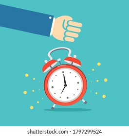 Reloj de alarmas de dibujos animados y estilo de diseño plano con tarjeta de pancarta de diseño con diseño de mano en azul. Ilustración del vector