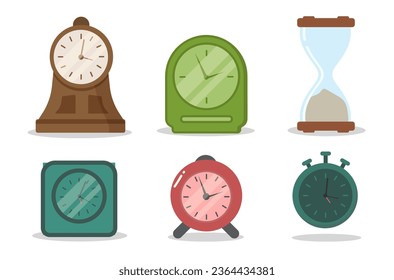 Cartoon alarm clock ringing. Modern flat icon in stylish colors. Types of alarm clocks, timers and clocks set isolated on white background. Wake up morning concept. Vector illustration, EPS 10.