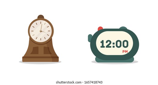 Cartoon alarm clock ringing. Types of alarm clocks, timers and clocks set isolated on white background. Modern flat icon in stylish colors. Wake up morning concept. Vector illustration, EPS 10.