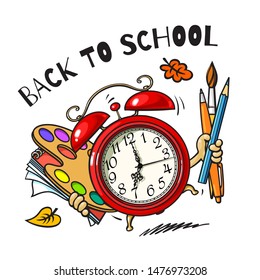 Cartoon alarm clock with school supplies, pencil, pen, brush, paint palette and notebooks. Back to school text. Sketch style hand drawn vector illustration isolated on white background.