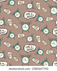 Cartoon alarm clock and  Time to Shine  pattern. Fun, motivational, and playful design for positive projects.