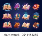 Cartoon alchemy books. Open and closed sacred book with evil magic spell, fantasy rpg game quest medieval wizard recipe fairies handbook, gaming ui icons swanky vector illustration