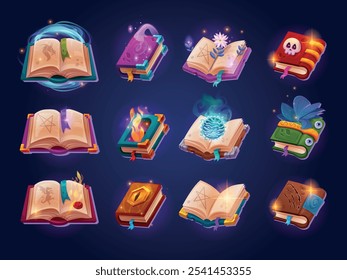 Cartoon alchemy books. Open and closed sacred book with evil magic spell, fantasy rpg game quest medieval wizard recipe fairies handbook, gaming ui icons swanky vector illustration