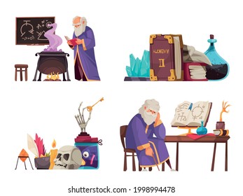 Cartoon alchemy compositions with various alchemical tools and old man making potions isolated vector illustration