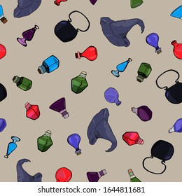 Cartoon alchemy flasks seamless pattern. Bright colors fantasy pattern.