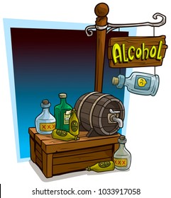 Cartoon Alcohol Drink Vendor Booth Or Shop Market Wooden Stand. Wooden Sign With Text Alcohol. Vector Icon For Game.