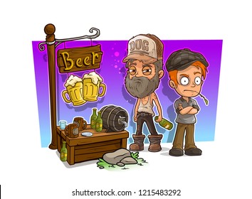 Cartoon alcoholic, bad guys character with bottle and beer vendor booth or shop market with text sign. Vector icon for game. Vol. 3