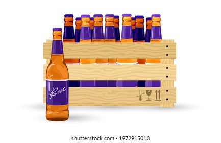 Cartoon alcoholic beverage pack for transportation. Vector delivery to alcoholic beverages store. Ale, lager, barley drink. Concept of alcohol and export isolated on white background