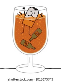 Caricatura de alcohólico ahogado en un vaso de cerveza