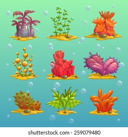 Cartoon algae, isolated  underwater elements, vector set 3