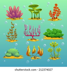 Cartoon Algae, Underwater Elements, Vector Set 2