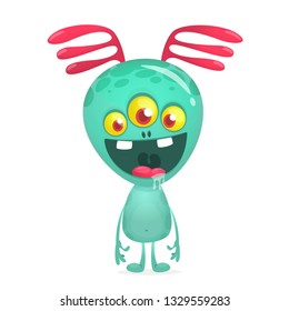 Cartoon alien with big antenna and three eyes. Vector illustration