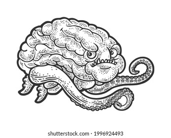 El cerebro alienígena de dibujos animados con tentáculos y el dibujo artístico en línea facial grabando ilustraciones vectoriales. Diseño de impresión de ropa de camiseta. Imitación de tablero de raquetas. Imagen dibujada a mano en blanco y negro.